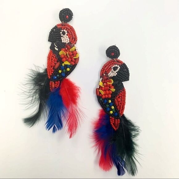 Bohemian Parrot Beaded Feather Drop Earrings - Picture 3 of 8